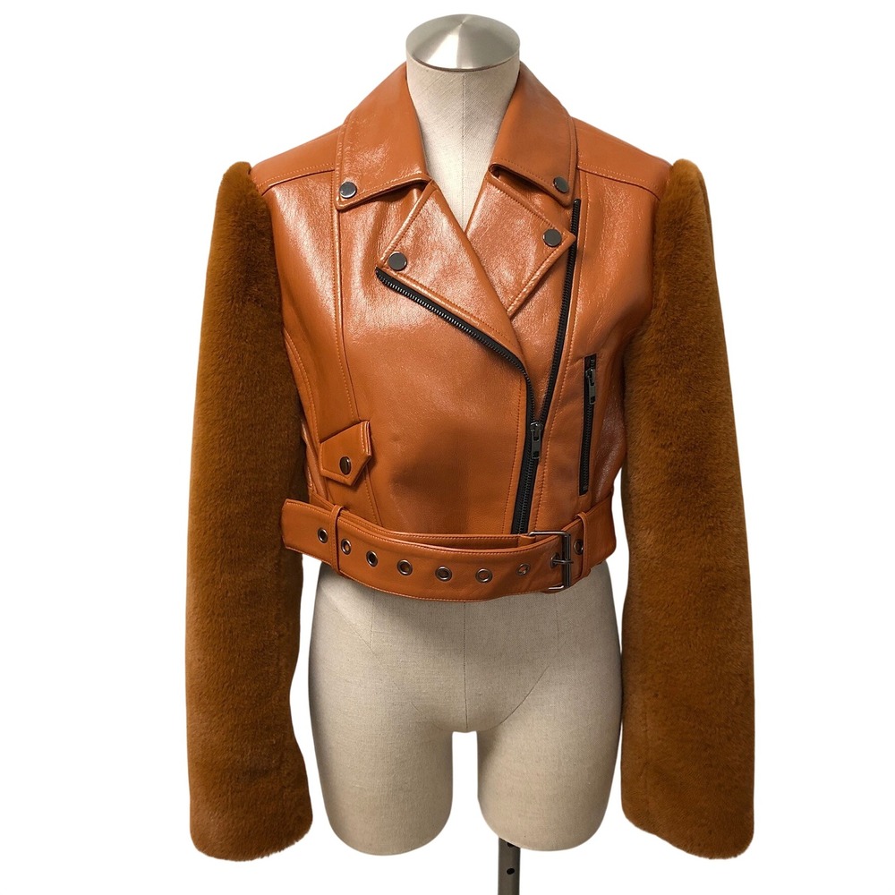 Camila Coelho Moto Jacket Womens S Orange Faux Leather Fur Sleeve Belted Cropped